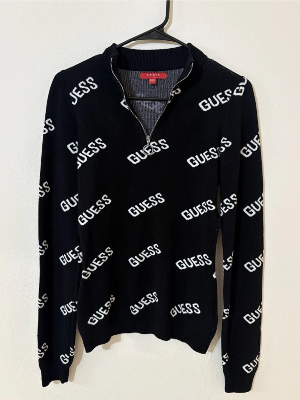 Guess Logo Print Quarter Zip Knit Sweater Black White Y2K Size Medium